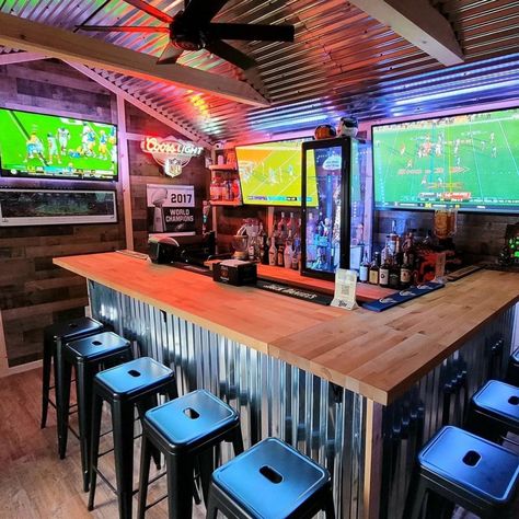 Diy Sports Bar Ideas, Sports Bar Ideas, Outdoor Sports Bar, Backyard Shed Bar Ideas, Home Pub Ideas, Shed Bar Ideas, Garage Bar Ideas, Rustic Outdoor Bar, Dope Rooms