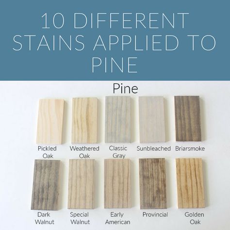 A stain reference guide for the top 10 stains from light to dark that have been applied on pine.  #stain #woodstain #pickledoak #minwax #varathane #homeproject #woodworking Best Light Stain Colors, Light Stains For Wood, Pickled Stained Wood, Minwax White Stain, Early American Varathane Stain, Light Stain Colors On Pine, Pickling Wood Stain, Pine Hardwood Floors Stains, Light Stain For Pine Wood