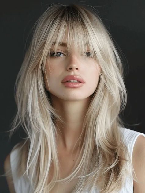 24 Sleek Hairstyles for Long, Straight Hair: Ideas for 2024 Long Straight Hair Ideas, Shag Layered Hairstyles, Hairstyles For Long Straight Hair, Sleek Straight Hairstyles, Straight Hair Ideas, Long Shag Haircut, Blonde Bangs, Blonde Hair With Bangs, Straight Blonde Hair