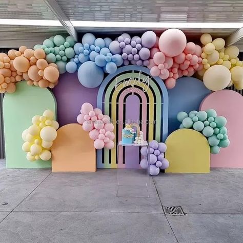 Unicorn Theme Backdrop, Rainbow Theme Birthday Decorations, Cocomelon Pastel Theme, Cocomelon Backdrop Ideas, Rainbow Arch Backdrop, Easter Balloon Decor, Easter Balloons, Pastel Backdrop, Butterfly Birthday Party Decorations