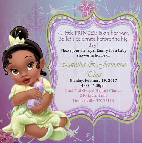 Gabbie Frog Baby Shower Theme, Baby Princess Tiana, Tiana Birthday Party, Frog Baby Showers, Babby Shower, Baby Shower Princess Theme, Baby Gender Reveal Party Decorations, Winter Baby Shower Themes, Princess Baby Shower Invitation