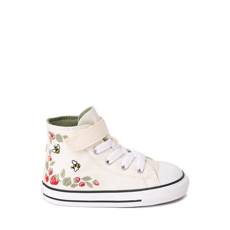 Converse Chuck Taylor All Star 1V Hi Berries And Bees Sneaker - Baby / Toddler - Natural Baby Blue Shoes, Toddler Converse, Shoe Size Chart Kids, Baby Converse, Strawberry Baby, Girls Converse, Baby Sneakers