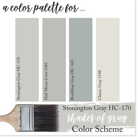 These Benjamin Moore Paint Colors create the most stunning gray color scheme perfect for any home! This color palette features, Stongington Gray, Half Moon Crest, Boothbay Gray & Classic Gray. For more color schemes using Benjamin Moore Paint Colors, check out our BLOG! Blue Benjamin Moore Paint Colors, Stonington Gray Benjamin Moore, Perfect Neutral Paint Color, Relaxing Color Schemes, Light Paint Colors, Stonington Gray, Best Neutral Paint Colors, Bold Paint Colors, Timeless Color Palette