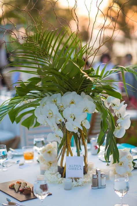 Tropical Wedding Centerpiece with Palm Leaves / http://www.himisspuff.com/green-tropical-leaves-wedding-ideas/9/ Tropical Wedding Centerpieces, Greenery Wedding Centerpieces, Themed Wedding Decorations, בר מצווה, Hawaiian Wedding, White Orchids, Wedding Table Centerpieces, Hawaii Wedding, Christmas Tree Themes