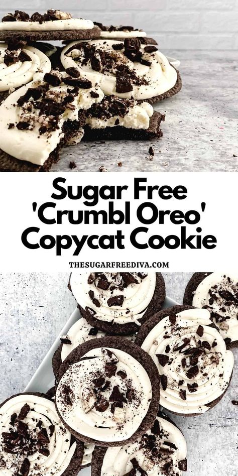 Sugar Free Copycat Oreo Crumbl Cookies, a no added sugar version of the popular frosted chocolate cookies made with sandwich cookies. Sugar Free Oreos, Sugar Free Cookie Recipes, Low Calorie Cookies, Sugar Free Desserts Easy, Sugar Free Snacks, Low Sugar Desserts, Sugar Free Baking, Sugar Free Recipes Desserts, Crumbl Cookies