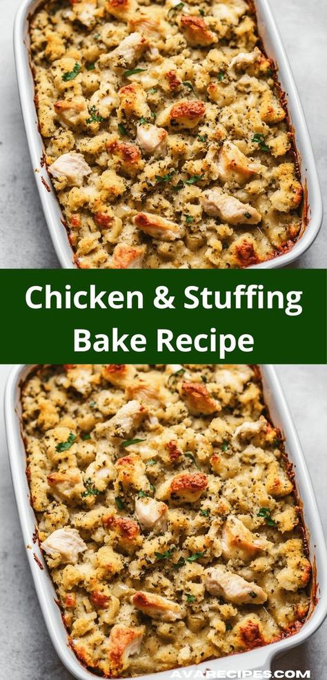 Searching for a simple yet tasty dinner option? This Chicken & Stuffing Bake Recipe is the answer, offering an effortless preparation process and a delightful combination of flavors that will please both kids and adults alike. Chicken Stuffing Bake Recipes, One Pan Chicken And Stuffing, Baked Dishes For Dinner Healthy, Chicken Casserole Recipes Stuffing, One Pan Chicken And Stuffing Bake, Chicken Stuffing Vegetable Casserole, Oven Baked Chicken And Stuffing, Stovetop Stuffing Chicken Recipes, Easy Creamy Chicken Bake