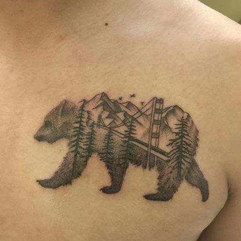 150 Amazing California Tattoo Designs, Ideas and Meanings - Tattoo Me Now Tattoo With Mountains, California Bear Tattoo, California Bear Tattoos, Tattoo Mountains, Grizzly Bear Tattoos, Lake Tattoo, See Tattoo, Inner Bicep Tattoo, California Tattoo