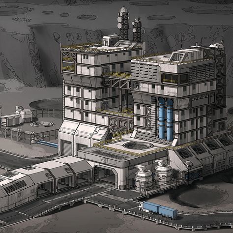 Futuristic Factory Concept Art, Space Engineers Base Design, Satisfactory Base Design, Scifi Factory, Sci Fi Factory, Futuristic Factory, Scifi Architecture, Sci Fi Base, Space Building