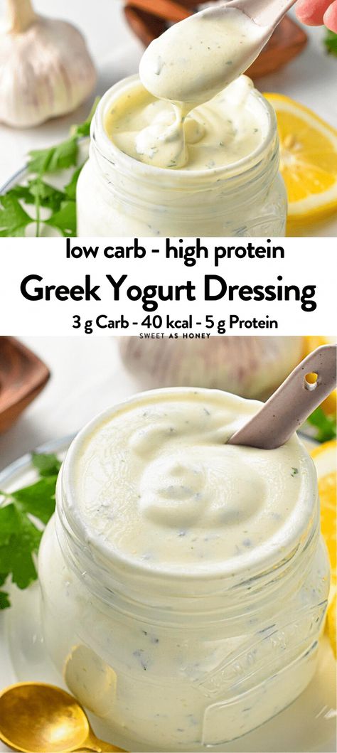 This Greek Yogurt Dressing is a creamy, high-protein salad dressing perfect to add creaminess and rich texture to any lettuce or salad. It's a healthier salad dressing too, with less calories, fat and packed with calcium and filling proteins. Greek Yogurt Dressing Recipes, Greek Yogurt Salad Dressing, Low Calorie Salad Dressing, Low Fat Salads, Healthy Dressing Recipes, Yogurt Ranch Dressing, Low Calorie Salad, Greek Yogurt Dressing, Yoghurt Dressing