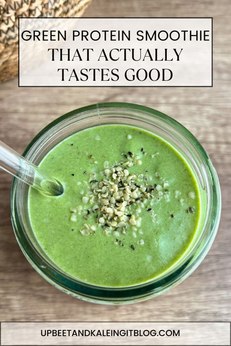 Green Protein Smoothie That Actually Tastes Good - Upbeet & Kaleing It Green Smoothie With Protein Powder, Vegan Smoothies Protein, Green Smoothie Vegan, Green Protein Smoothie, Lemon Raspberry Muffins, Vegan Protein Smoothie, Gluten Free Sweet Potato, Healthy Donuts, Protein Salad