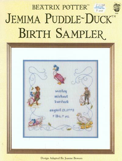 Beatrix Potter Jemima Puddle Duck Birth Sampler Cross Stitch Leaflet Tom Kitten, Puddle Duck, Birth Sampler, Stitching Projects, Benjamin Bunny, Cross Stitch Books, Stitch Book, Baby Cross, Cross Stitch Baby