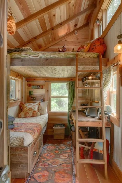 Small Open Shelves Kitchen, Tiny House Bedroom Ideas, Tiny House Bed, House Bedroom Ideas, Tiny House Bedroom, Small Tiny House, Small Fireplace, Tiny House Loft, House Bedroom