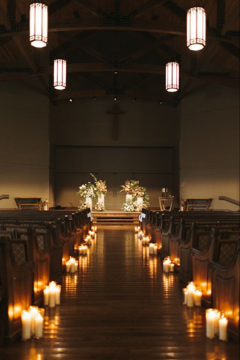 #wedding #flowers #florals #weddingflowers #whimsical #weddingday #weddingdress #weddingchapel Wedding Aisle And Altar, Wedding Aisle Decorations Chapel, Winter Chapel Wedding, Romantic Candle Light Wedding, Wedding Altar Ideas Church, Wedding Grand Entrance Ideas, Southern Church Wedding, Wedding Chapel Flowers, Church Wedding Altar Decorations