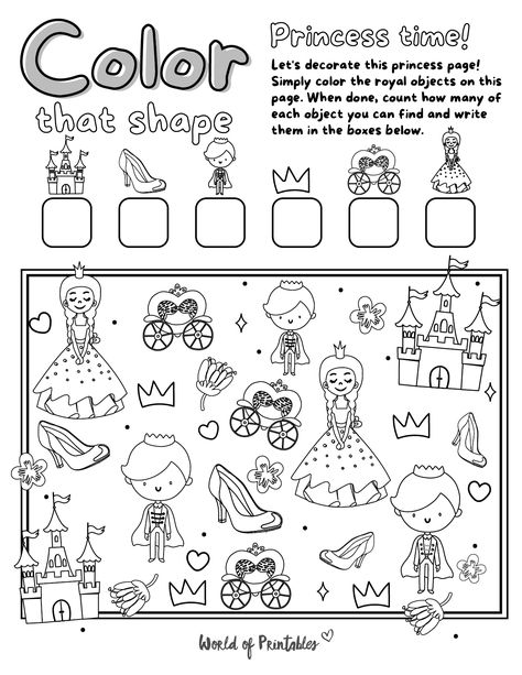 Have a princess themed party planned? Use this I Spy Princess Coloring Page as a fun acitvity or party favor! The free printable I Spy Princess game features all of a princesses favorite things including shoes, castles, crowns and carriages! Princess Crafts For Preschoolers, Princess Crafts Preschool, Princess Games For Kids, Princess Activities For Kids, Barbie Activities Free Printable, Preschool Princess Activities, Princess Kindergarten Activities, Princess Math Activities, Disney Princess Preschool Activities