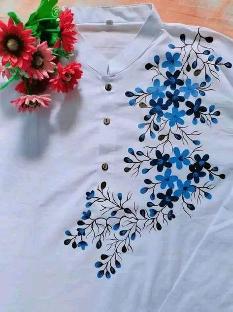 Fabric Paint Kurti Design, Fabric Painting On Clothes T Shirts, Panjabi Painting, Punjabi Design, Fabric Colour Painting, Fabric Paint Shirt, Cloth Painting, Saree Painting Designs, Dress Styling