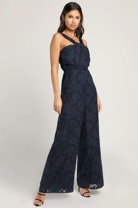 burntout floral - Lulus Search Chiffon Jumpsuit, Jumpsuit Fitted, Jumpsuit Navy Blue, Gathered Bodice, Long Torso, Floral Jumpsuit, Wide Pants, Strapless Bra, Halter Neckline