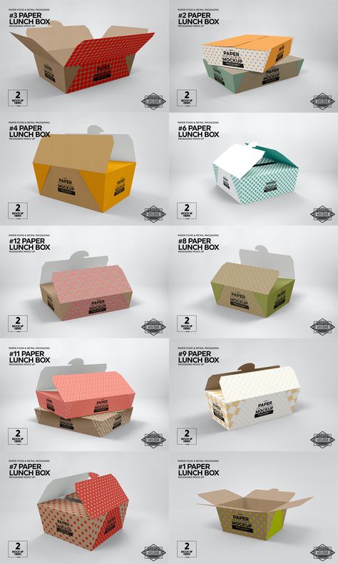 Paper Lunch Boxes Packaging Mockups Lunch Box Packaging, Lunch Box Design Food Packaging, Snack Box Design, Paper Bag Lunch Designs, Food Takeaway Packaging, Burger Box Design, Burger Box Packaging, Burger Boxes Packaging, Food Box Sleeve Packaging Design