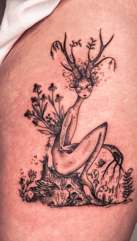 Fairycore Back Tattoo, Witch Mushroom Tattoo, Fantasy Creatures Tattoo, Gothic Pixie Tattoo, Whimsical Witch Tattoo, Cool Fairy Tattoos, Celestial Fairy Tattoo, Fae Fairy Tattoos, Dark Fairy Core Tattoos