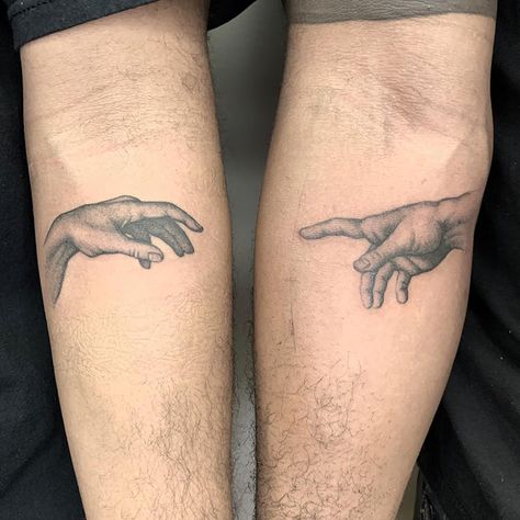 Two Tattoos That Make One, Continuous Matching Tattoo, Matching Lovers Tattoo, Matching Friend Tattoos Men, Bro Matching Tattoos, Non Cringe Matching Tattoos, Tattoo Pairs Friends, Matching Tattoos But Different, Original Couple Tattoos