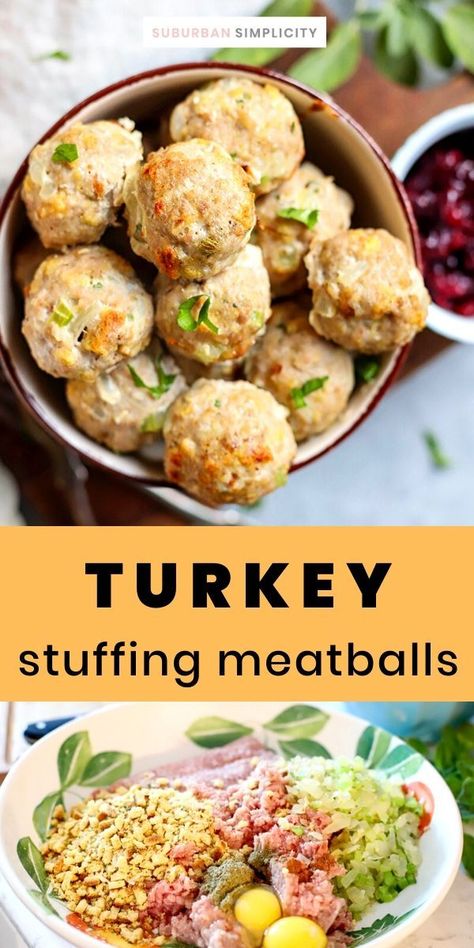 It’s Thanksgiving dinner rolled into a delicious ball! This easy baked Turkey Stuffing Meatballs recipe is a savory mouthful of turkey, stuffing, and spices in every bite that’s good year-round! Moist and delicious. #suburbansimplicity #turkeymeatballs #turkeyandstuffing #turkey #meatballs #Thanksgiving #thanksgivingrecipes #recipesforthanksgiving Mini Turkey And Stuffing Cups, Cranberry Turkey Stuffing Meatballs, Turkey Meatballs With Stove Top Stuffing, Meatballs Using Stove Top Stuffing, Stuffing Turkey Balls, Stuffing Meatballs Thanksgiving, Turkey Thanksgiving Meatballs, Turkey Stuffed Meatballs, Ground Turkey Stuffing Meatballs