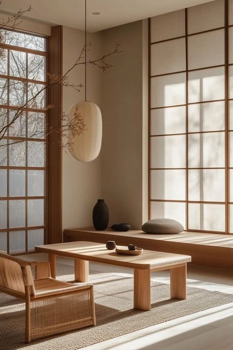 "Achieve tranquility with a Japandi Style Living Room! 🧘‍♂️🏡 This design combines the simplicity of Japanese aesthetics with the warmth of Scandinavian style. 🌿✨ #JapandiStyle #LivingRoomDecor #MinimalistDesign" Japan Style Living Room, Japanese Room Style, Japanese Style Office, Japandi Condo, Japandi Interiors Moodboard, Japanese Inspired Living Room, Japanese Patio, Japan Living Room, Japandi Style Interior