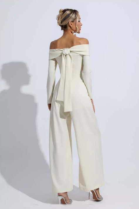 Drape Jumpsuit | Apricot Jumpsuit | Off Shoulder Jumpsuit Jumpsuit Elegant Chic Classy, White Brunch Outfit, Bonfire Fits, Drape Jumpsuit, Mode Mantel, Jumpsuit Outfits, Heels Dress, Off Shoulder Jumpsuit, Bridal Jumpsuit