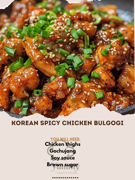 🔥 "Indulge in Korean Spicy Chicken Bulgogi—tender, spicy chicken with a rich, savory marinade. Perfect for any meal! 🍗🌶️ #Bulgogi #KoreanCuisine" Korean Spicy Chicken Bulgogi Ingredients: Chicken thighs (500 g, sliced) Gochujang (2 tbsp) Soy sauce (2 tbsp) Brown sugar (1 tbsp) Garlic (4 cloves, minced) Ginger (1 tsp, minced) Sesame oil (1 tbsp) Green onions (2, chopped) Sesame seeds (1 tbsp) Instructions: Mix gochujang, soy sauce, brown sugar, garlic, ginger, and sesame oil. Marinate chic... Spicy Chicken Bulgogi, Bulgogi Chicken, Korean Spicy Chicken, Chicken Bulgogi, Gochujang Chicken, Korean Kitchen, Onion Chicken, Spicy Pork, Bulgogi