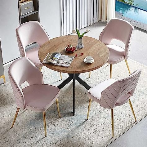 NORDICANA 5-Pieces 37-Inch Dining Table Set for 4 - Space Saving Round Table and Chairs with 4 Seaters Velvet Upholstered Chairs for Kitchen, Apartment (Light Pink) Dining Table Set For 4, Round Table And Chairs, Florida Decor, Kitchen Apartment, Round Dining Table Sets, Comfortable Dining Chairs, Table Ronde, Unique Tables, Dining Table Set