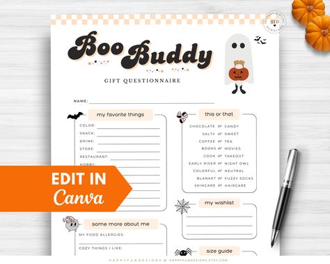 Editable Halloween Boo Buddy Questionnaire Printable, Youve Been Booed Halloween Office Gift Exchange Game, All About Me, My Favorite Things Office Gift Exchange Games, Gift Questionnaire, Teacher Wishlist, Gift Exchange Game, Teacher Wish List, Boo And Buddy, Been Booed, Classroom Halloween Party, You've Been Booed