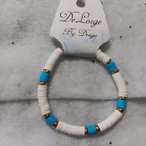 Delorge By Design Clay Beaded Bracelets Blue And White. Beaded Bracelets Blue, Bracket Ideas, Clay Beaded Bracelets, Heishi Jewelry, Clay Bead Necklace, Polymer Clay Bracelet, Blue Clay, Clay Crafts Air Dry, Necklace Ideas