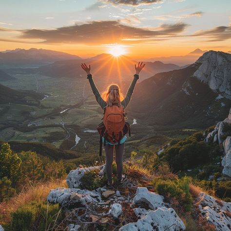 Sunrise Mountain Triumph: A hiker celebrates a successful summit at sunrise, arms raised high amidst a breathtaking mountain backdrop. #hiker #sunrise #mountains #celebration #hiking #aiart #aiphoto #stockcake ⬇️ Download and 📝 Prompt 👉 https://ayr.app/l/xriN Woman On Mountain Top, Hiking Vision Board, Sunrise Hike, Forest Fashion, Sunrise Mountain, Mountain Backdrop, Vision Board Images, Women Hiking, Best Small Business Ideas