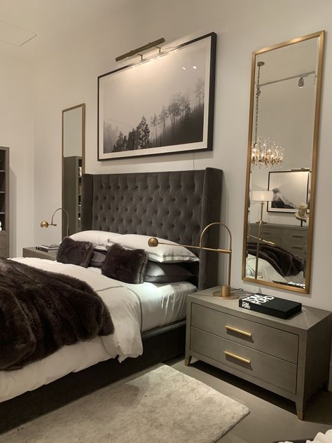 Romantic Grey Bedroom, Charcoal Room Ideas Bedrooms, Grey Gold And White Bedroom, Grey Glam Bedroom Ideas, Charcoal Bedroom Ideas, Charcoal Grey Bedroom Ideas, Master Bedrooms Decor Cozy Romantic, Contemporary Glam Bedroom, Black Luxury Bedroom