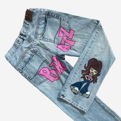 Y2K Bratz Inspired Custom Made Jeans Bratz Jeans Outfit, Bratz Jeans Painted, Bratz Denim Outfit, Bratz Jeans, Bratz Doll Denim Outfit, Bratz Shirt, Bratz Y2k, Y2k Bratz, Jeans Custom