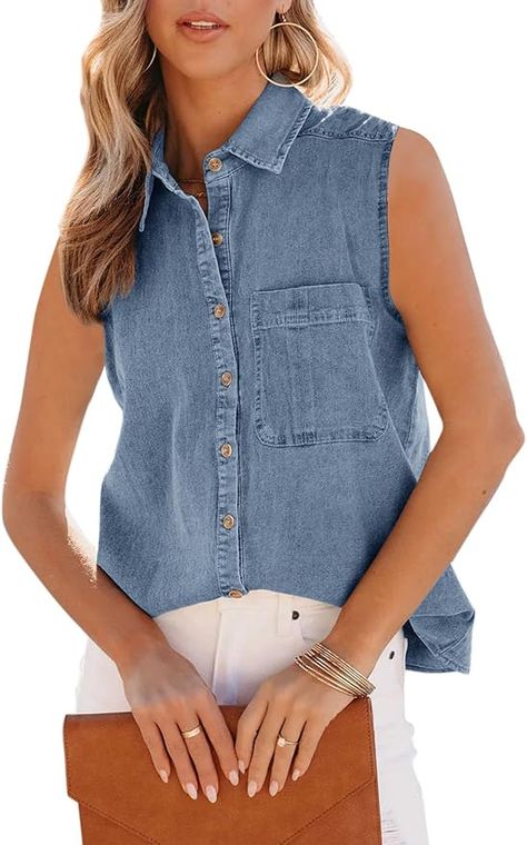 Orchidays Women's Denim Tank Top V Neck Button Down Collared Sleeveless Shirts Casual Blouse Tops Sleeveless Denim Shirt Outfit, Denim Shirt Outfit, Closet Basics, Denim Tank Top, Denim Tank, Sleeveless Shirts, Blouse Tops, Mom Outfits, Sleeveless Shirt