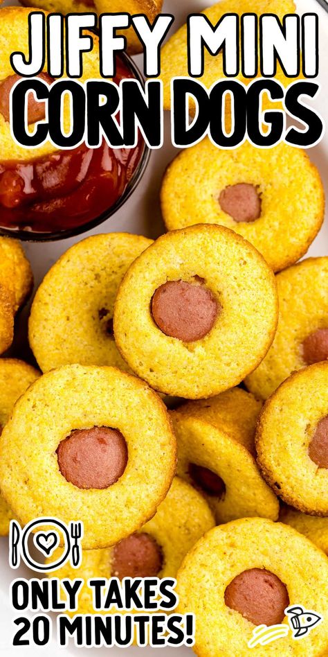 Mini corn dogs are the ultimate crowd-pleaser, featuring juicy hot dogs enveloped in a crispy, golden cornbread crust, making them a delightful snack for gatherings or indulgent treats. Mini Corn Dogs Muffins, Jiffy Corn Dog Muffins, Cornbread Hot Dogs Mini Muffins, Mini Muffin Corn Dogs, Mini Corn Dogs Jiffy, Corn Muffin Corn Dogs, Jiffy Mini Corn Dog Muffins, Hot Dog Cornbread Muffins, Cornbread Muffins With Hotdogs