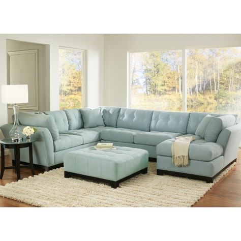 Light blue suede sectional- we are looking at the sofa/chaise combo at Art Van Powder Blue Sofa, Light Blue Couches, Blue Sofa Set, Blue Sofa Living, Light Blue Sofa, Blue Leather Sofa, Blue Sofas, Leather Sectionals, Van Furniture