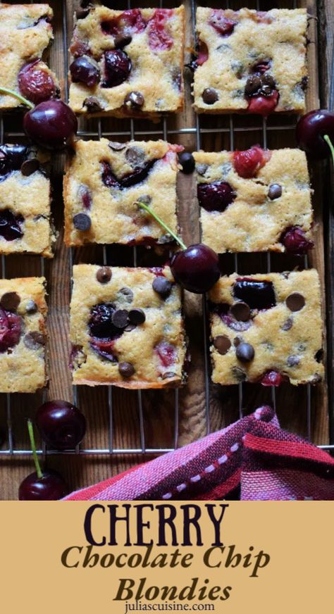 Cherry Blondies Recipe, Cherry Chocolate Chip Bars, Fresh Cherry Cookies Recipes, Cherry And Chocolate Desserts, Cherry Chocolate Desserts, Fresh Sweet Cherry Recipes, Cherry Garcia Cookies, Sweet Cherry Recipes, Cherry Chocolate Chip Cookies