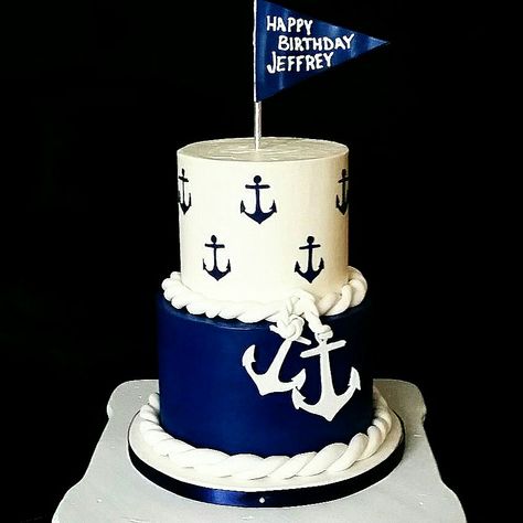 Nautical buttercream birthday cake                                                                                                                                                                                 More Ship Cakes Birthday, Nautical Birthday Cake Men, Nautical Buttercream Cake, Nautical Birthday Cakes, Nautical Cakes, Boat Cake, Buttercream Birthday Cake, Nautical Cake, Nautical Birthday