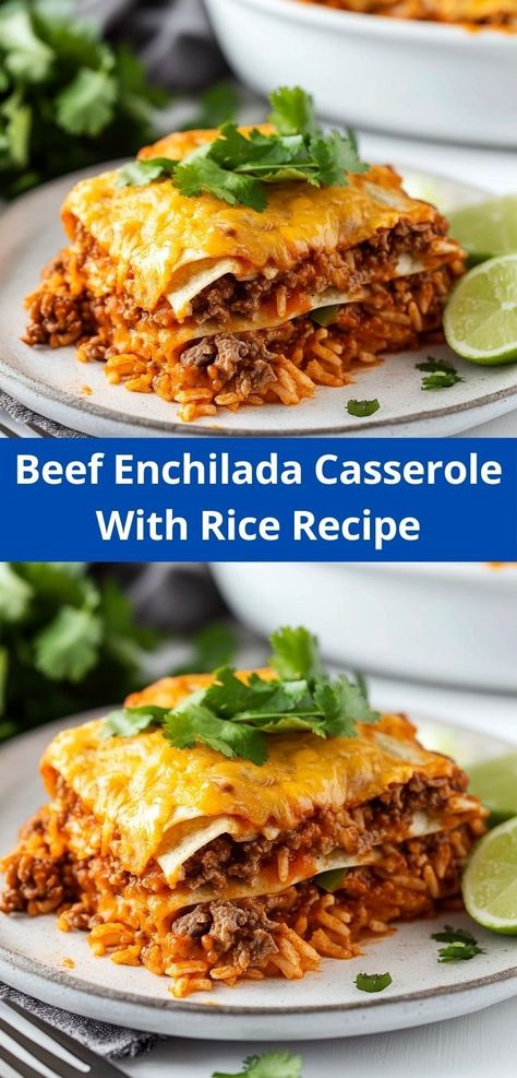 Searching for easy dinner ideas that don’t skimp on flavor? This Beef Enchilada Casserole is simple to make and combines tender beef, rice, and spices into a delightful meal everyone will adore. Enchilada Casserole With Rice, Casserole With Rice, Beef Enchilada Casserole, Easy Beef Enchiladas, Beef Enchilada, Yummy Casserole Recipes, Enchilada Casserole Recipes, Chicken Enchilada Casserole, Hearty Casseroles