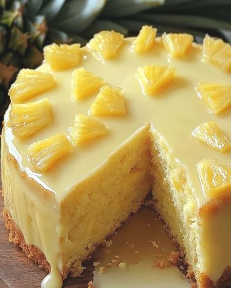 Juicy Pineapple Cake Recipe | Tropical Dessert Delight - optimal recipes Juicy Pineapple Cake, Juicing Pineapple, Pineapple Dessert Easy, Pineapple Cake Decoration, Optimal Recipes, Hawaiian Cuisine, Dessert Favorites, Easy Pineapple Cake, 3 Ingredient Cakes