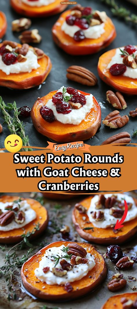 Sweet Potato Rounds with Goat Cheese & Cranberries via @recipesforfamily12 Sweet Potato Rounds With Goat Cheese And Cranberries, Roasted Sweet Potatoe Rounds With Goat Cheese, Sweet Potato With Goat Cheese Recipes, Sweet Potatoes Goat Cheese Cranberries, Sweet Potato Goat Cheese Appetizer, Sweet Goat Cheese Recipes, Sweet Potatoes With Goat Cheese, Sweet Potato Rounds With Goat Cheese, Sweet Potato Hors D’oeuvres