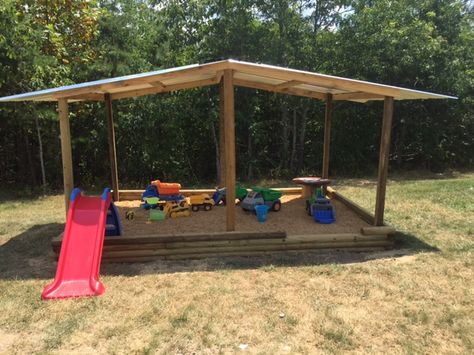 Outside Truck Play Area, Carport Play Area, Shaded Outdoor Play Area Kids, Simple Outdoor Play Area, Rock Pit Play Area, Rock Pit For Kids, Kids Dirt Play Area, Fenced In Play Area For Kids, Digging Area For Kids