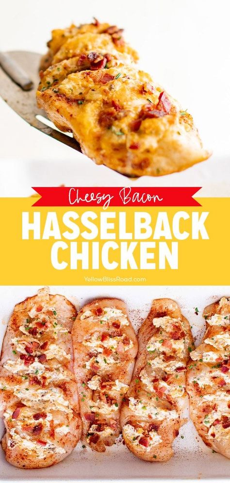 Fall Chicken Breast Recipes, Chicken Breast With Bacon, Chicken Breast Stuffed, Hasselback Chicken, Perfect Baked Potato, Dinner Favorites, Cheesy Bacon, Chicken Meals, Dinner Bell