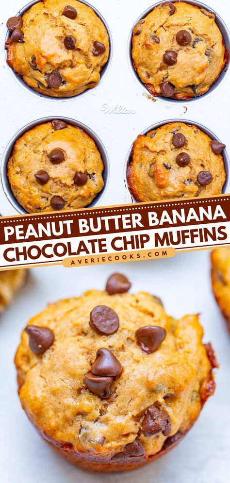 Peanut Butter Banana Chocolate Chip Muffins, holiday brunch, christmas morning Banana Muffins Chocolate Chip, Banana Peanut Butter Muffins, Ble Recipes, Cleaning Eating, Banana And Chocolate, Peanut Butter Muffins, Peanut Butter Banana Muffins, Simple Muffin Recipe, Banana Chocolate Chip Muffins