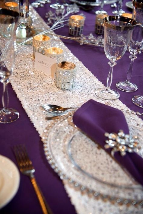 Purple And Silver Table Decorations, Purple And Silver Table Setting, Purple Christmas Wedding, 50th Birthday Celebration Ideas, Purple Table Settings, Beaded Charger Plates, Table Setting Etiquette, Gold Table Setting, Purple And Silver Wedding