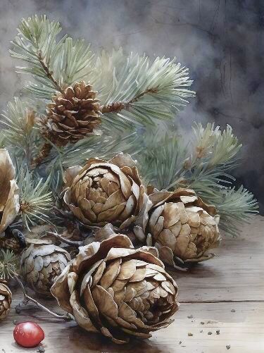 Pinecone Watercolor, Winter Still Life, Painting Winter, Planner Art, Country Christmas Decorations, Cute Christmas Wallpaper, Winter Painting, Landscape Art Painting, Fall Watercolor