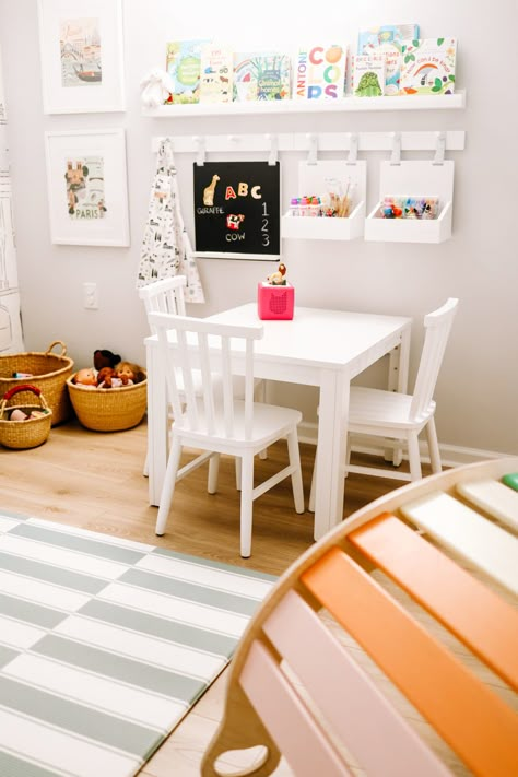 Shop Our Basement Playroom and Family Room - Danielle Moss Wooden Tiles Flooring, Ikea Playroom, Wooden Tiles, Playroom Wallpaper, Cave Basement, Basement Playroom, Kids Play Kitchen, Kids Playroom Decor, Small Basement