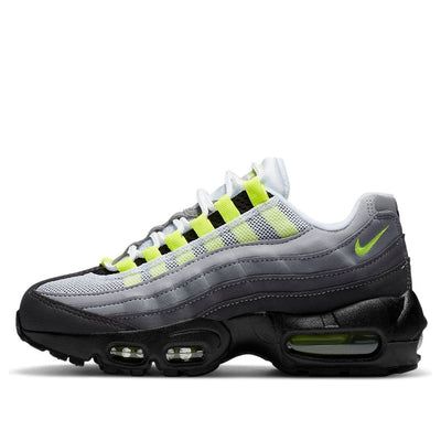 Looking for a shoe that will make you stand out from the crowd? Look no further than the Nike Air Max 95 OG GS "Neon" 2020. This grade-school shoe features an OG colorway with a greyscale mix of hues and Neon Yellow accenting the eyelets and Swoosh branding. Underfoot, a black foam midsole includes visible Max Air in the forefoot and heel for cushioning, with further Neon Yellow in the heel. A waffle rubber outsole offers traction. Whether you're hitting the streets or the court, the Nike Air Max 95 OG GS "Neon" 2020 is sure to get you noticed. (SNKR/Gradient) Air Max 95 Neon, School Shoe, Chevrolet Monte Carlo, Yellow Accents, Black Neon, Nike Air Max 95, Air Max 95, Grade School, School Shoes