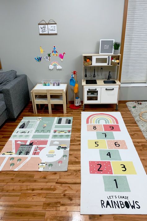 Playroom In Main Living Area, Small Home Play Area, Playing Corner In Living Room, Montessori Corner Living Room, Corner Play Area In Living Room, Playroom Corner In Living Room, Play Corner In Living Room Small Spaces, Kids Play Corner In Living Room, Living Room Decor Kid Friendly