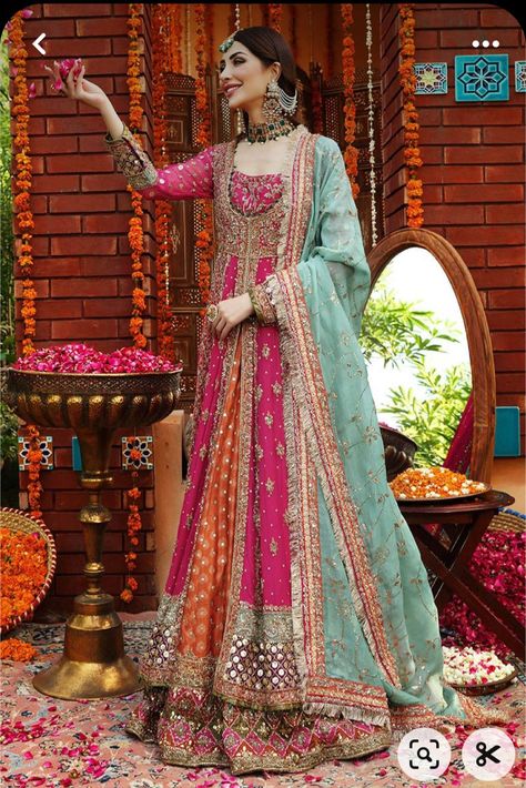 Mehndi Bridal Frocks, Colourful Pakistani Dresses, Pakistani Mehndi Outfit For Bride, Colorful Mehendi Outfits, Haris Shakeel Mehndi Dresses, Pakistani Colorful Dresses, Mendi Outfits For Bride, Pakistani Mehndi Dress Bridal, Colorful Mehndi Outfit